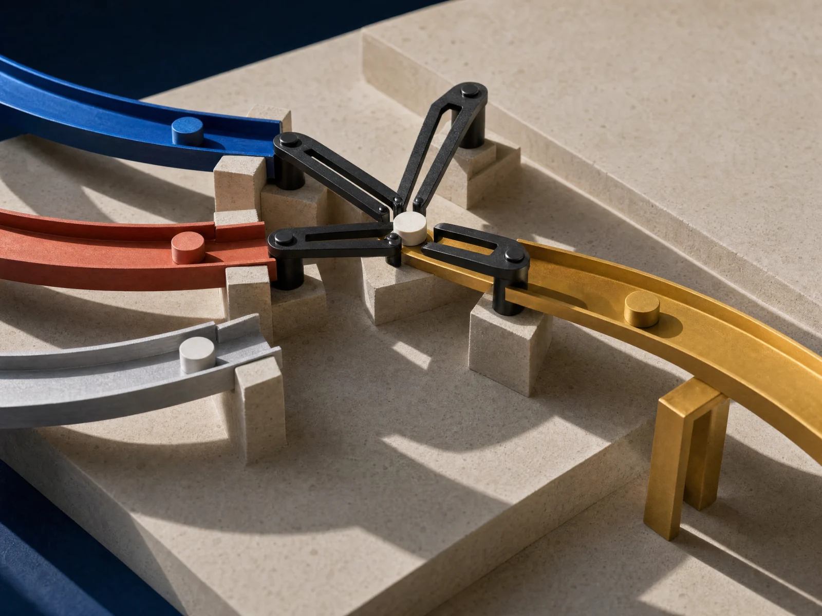 Blue, coral, silver, and gold service channels converging through one coordinated relay.