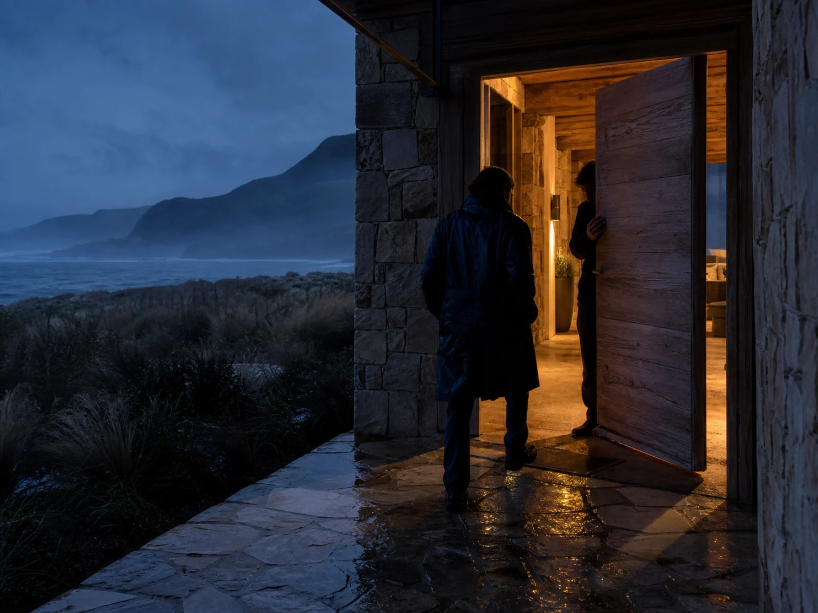 A guest arriving at a warmly lit coastal lodge at dusk.