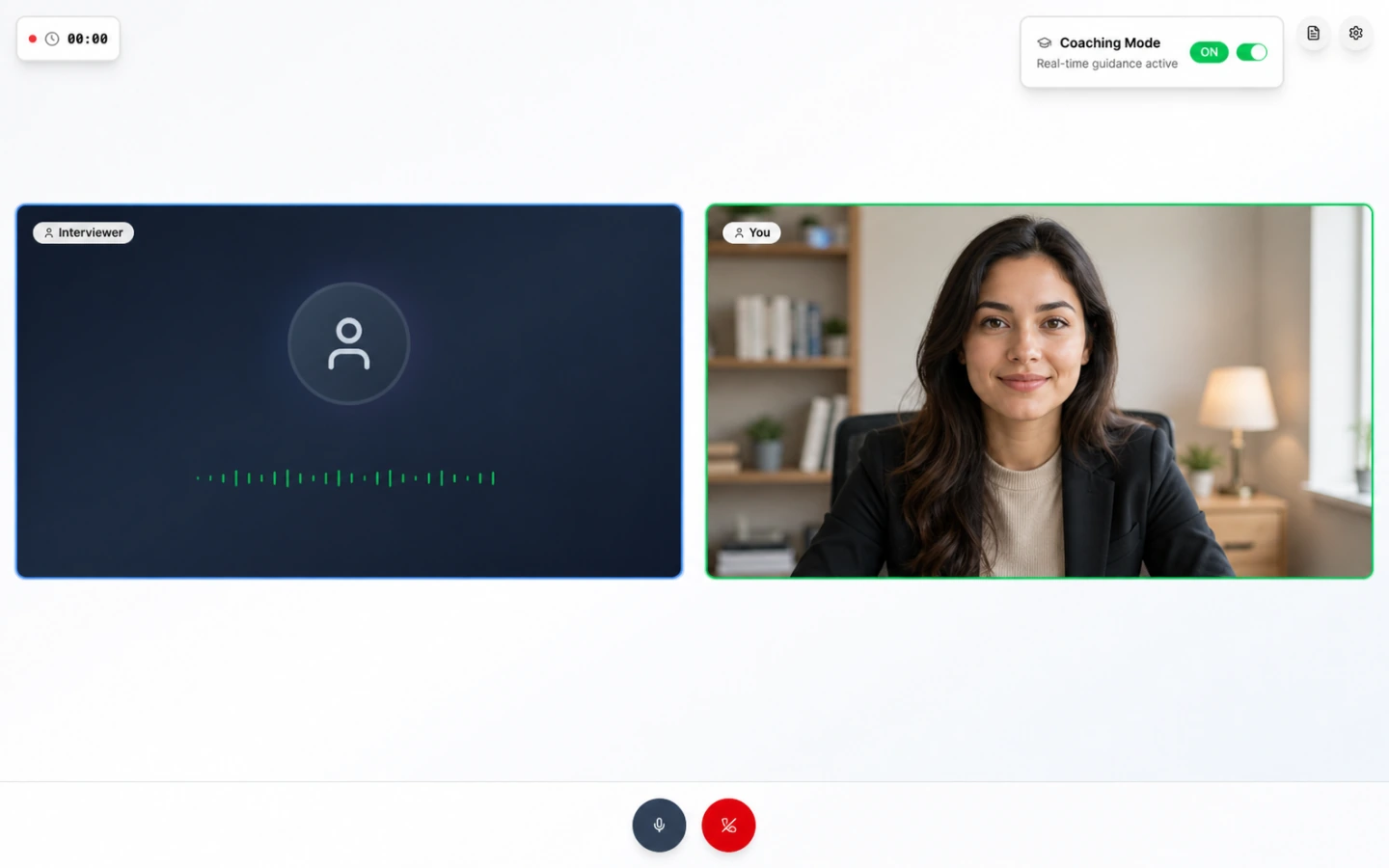 Skillflo Coach live interview screen with an AI interviewer and a candidate on camera, plus coaching, microphone, and end-call controls.