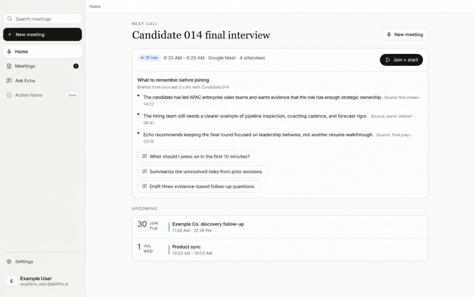 Skillflo Echo showing an anonymized upcoming interview brief with context from two prior calls and three suggested questions.