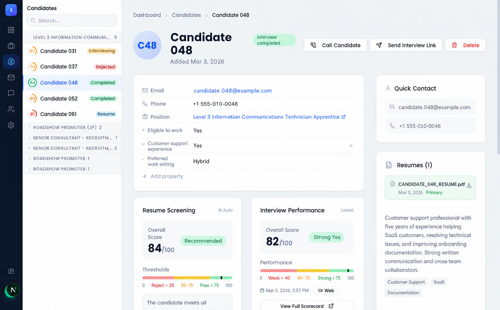 Skillflo Hire showing an anonymized candidate record with screening and interview evidence together.