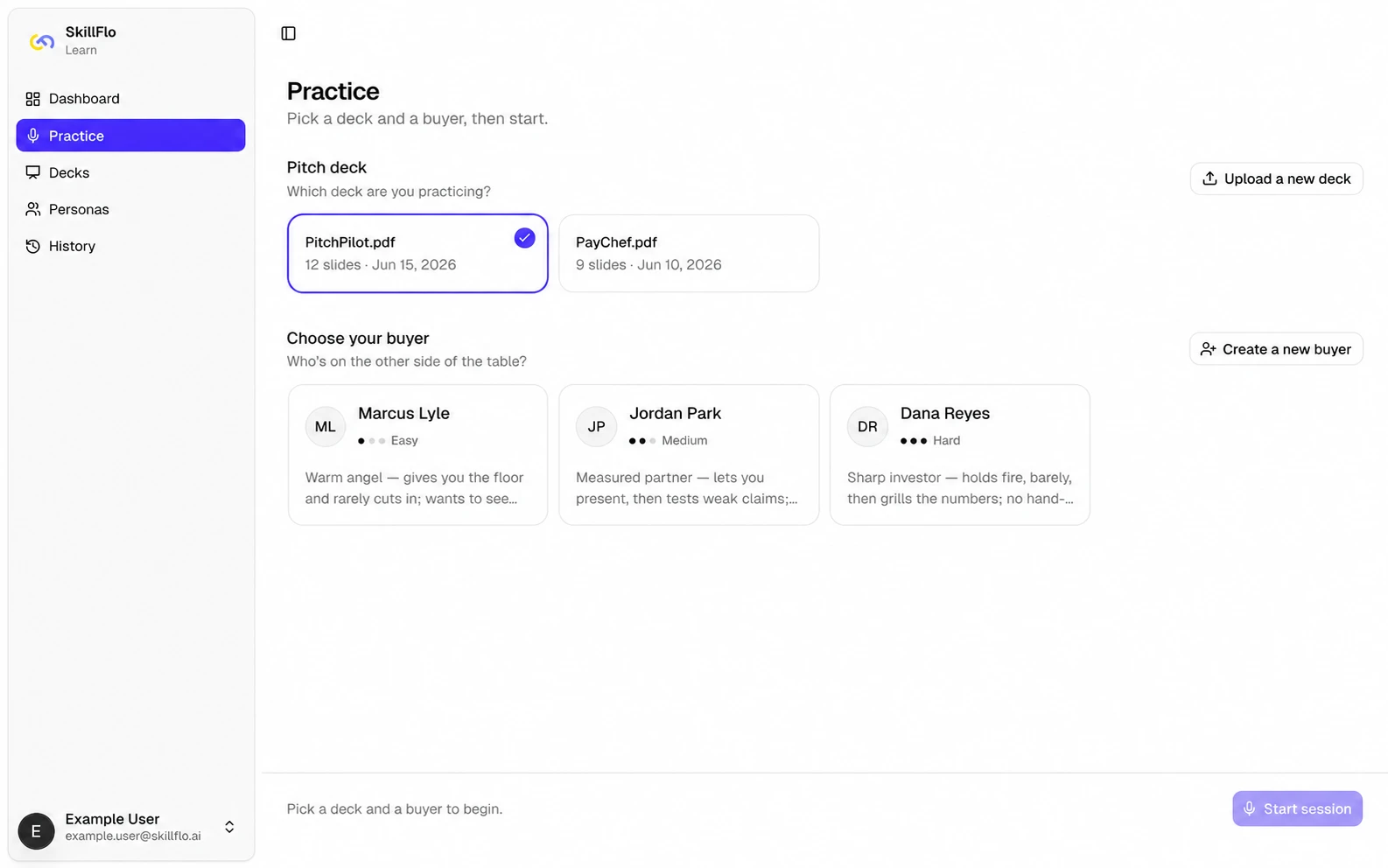 Skillflo Learn practice screen for choosing a real deck and calibrated AI buyer before a live rehearsal.